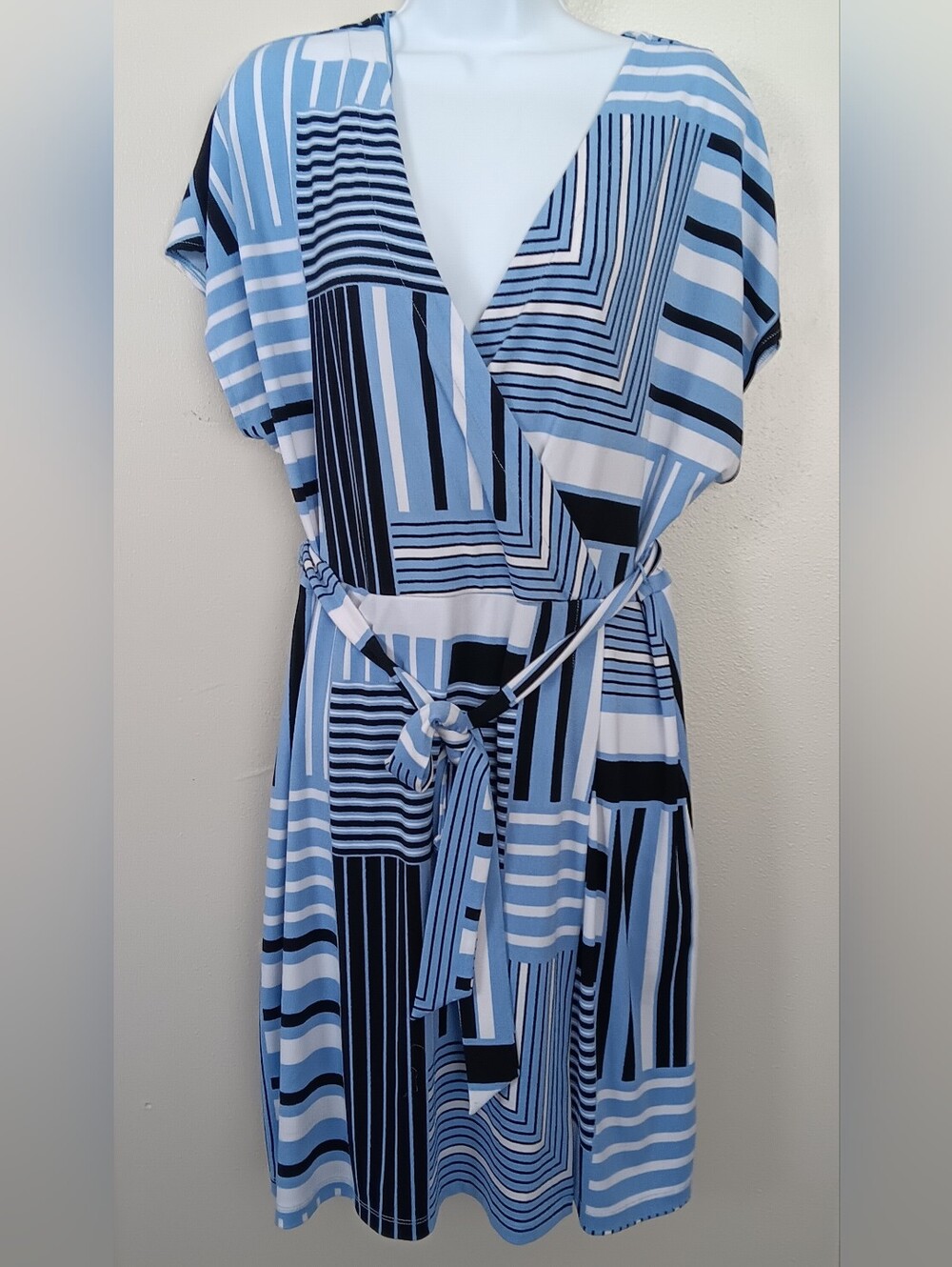 Nine West Blue Geometric Faux  Wrap Dress - Classic Women's Dress Belt Sz XL